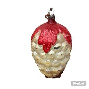 Antique Mercury Glass Germany Berry Grape Ornament Red Leaf Accent White Glitter
